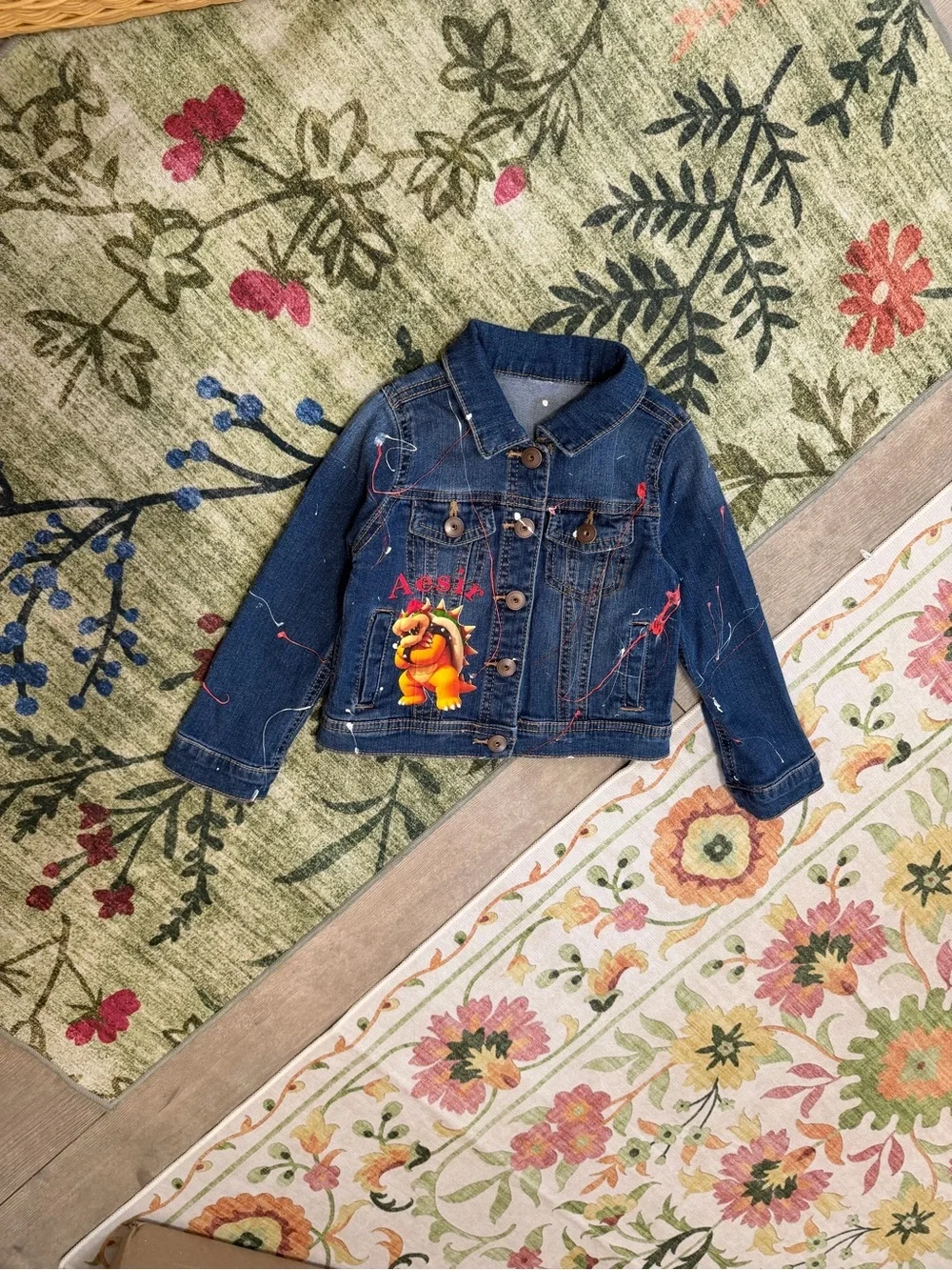 New Upcycled Super Mario Bros Bowser Jean Jacket 4T Girl X Carter’s Paint Splat
